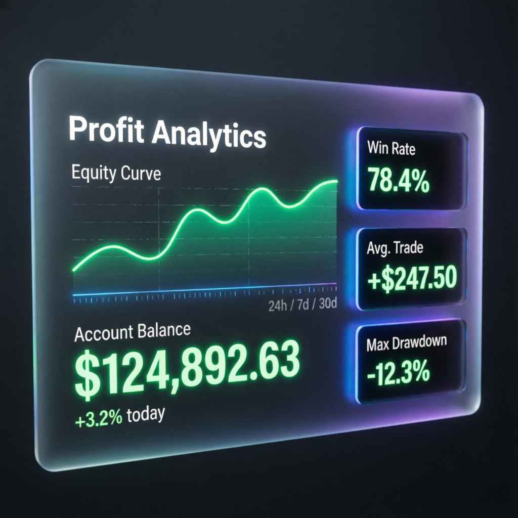 Profit analytics dashboard showing equity curve and account balance for Apex Trader Funding funded account management