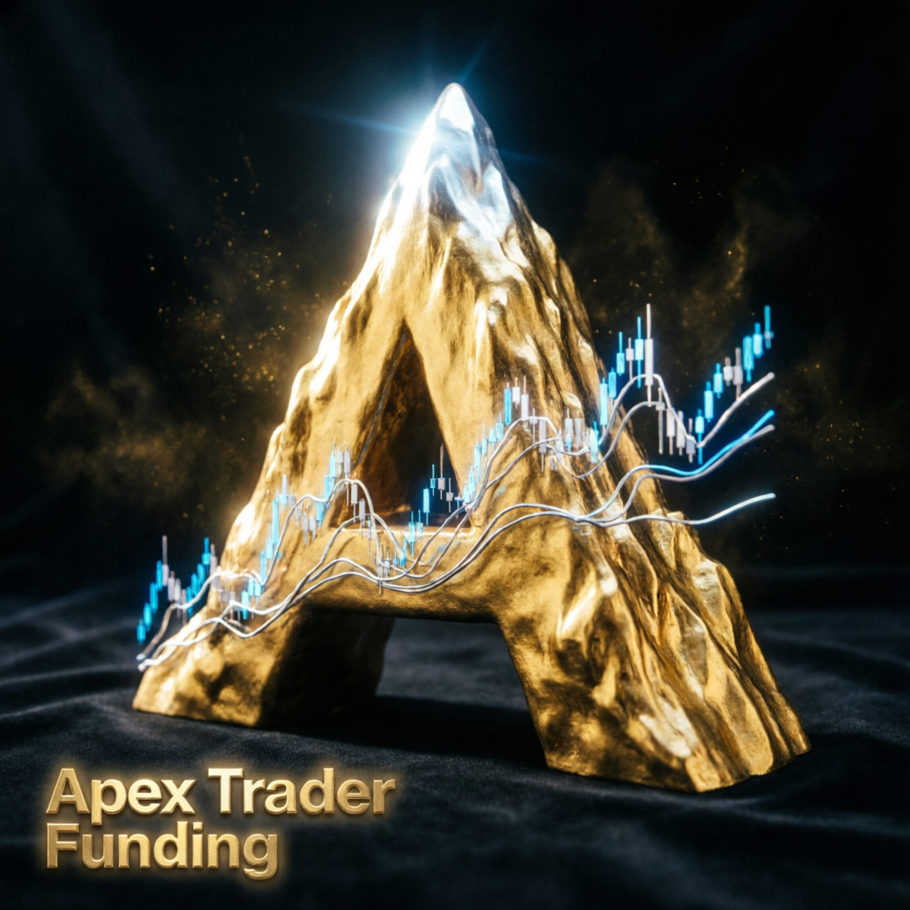 Apex Trader Funding golden mountain peak with trading charts representing funded futures trading