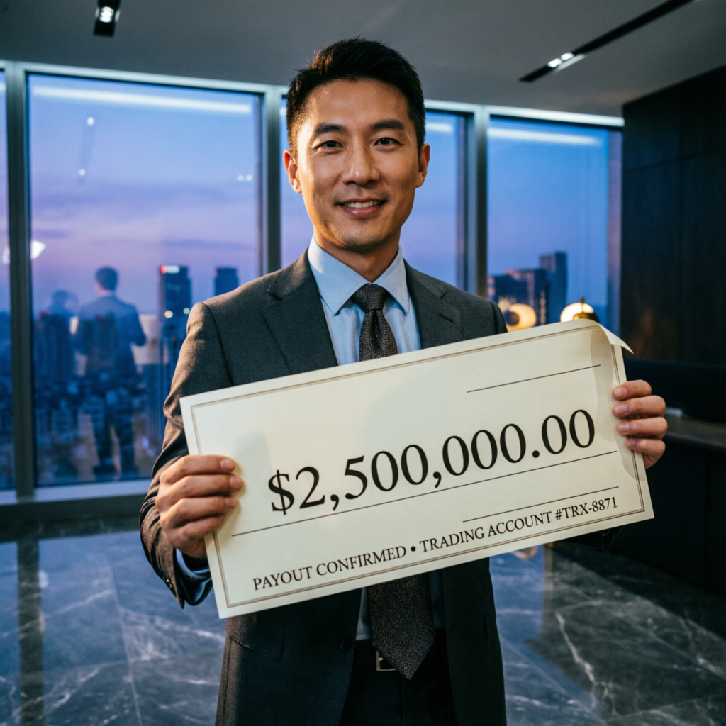 Trader holding $2.5 million payout check from prop firm passing service success