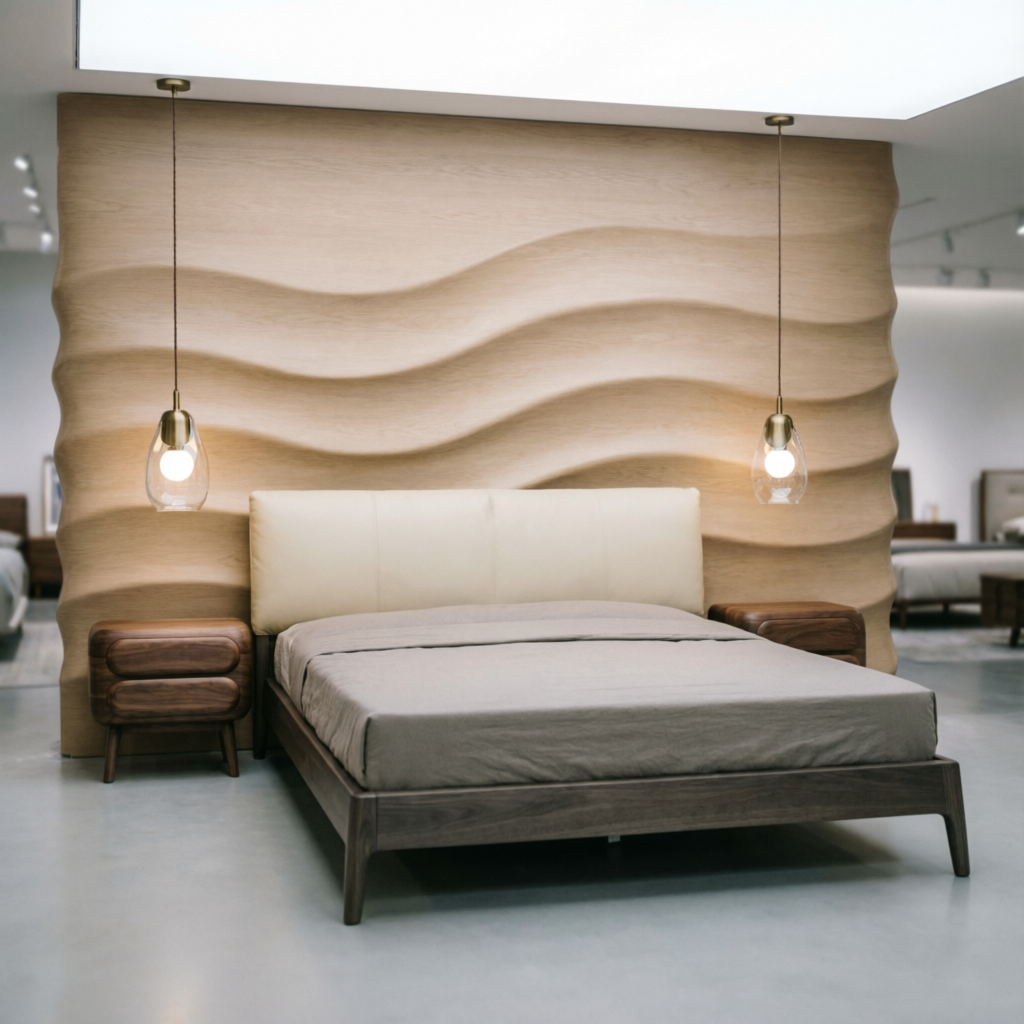 Designer double bed with wooden headboard at New Sound and Vision Simdega