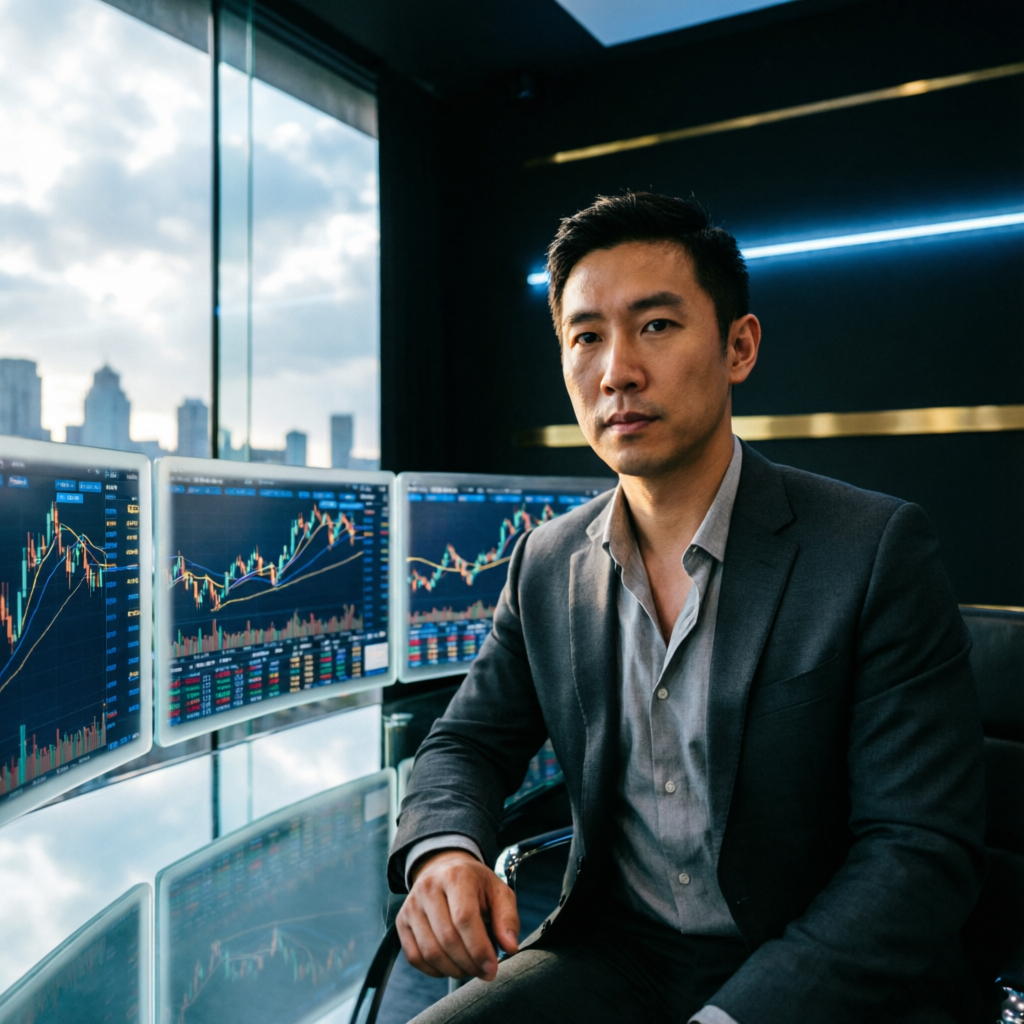 Professional forex trader in modern trading room with multiple screens
