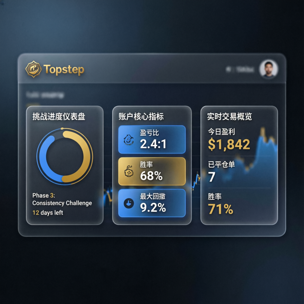 Topstep trading dashboard interface showing challenge progress and account metrics