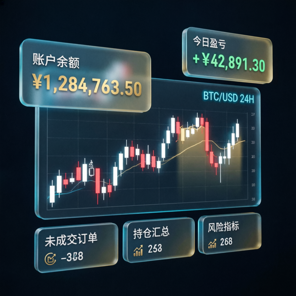Modern trading dashboard showing live candlestick charts and account metrics