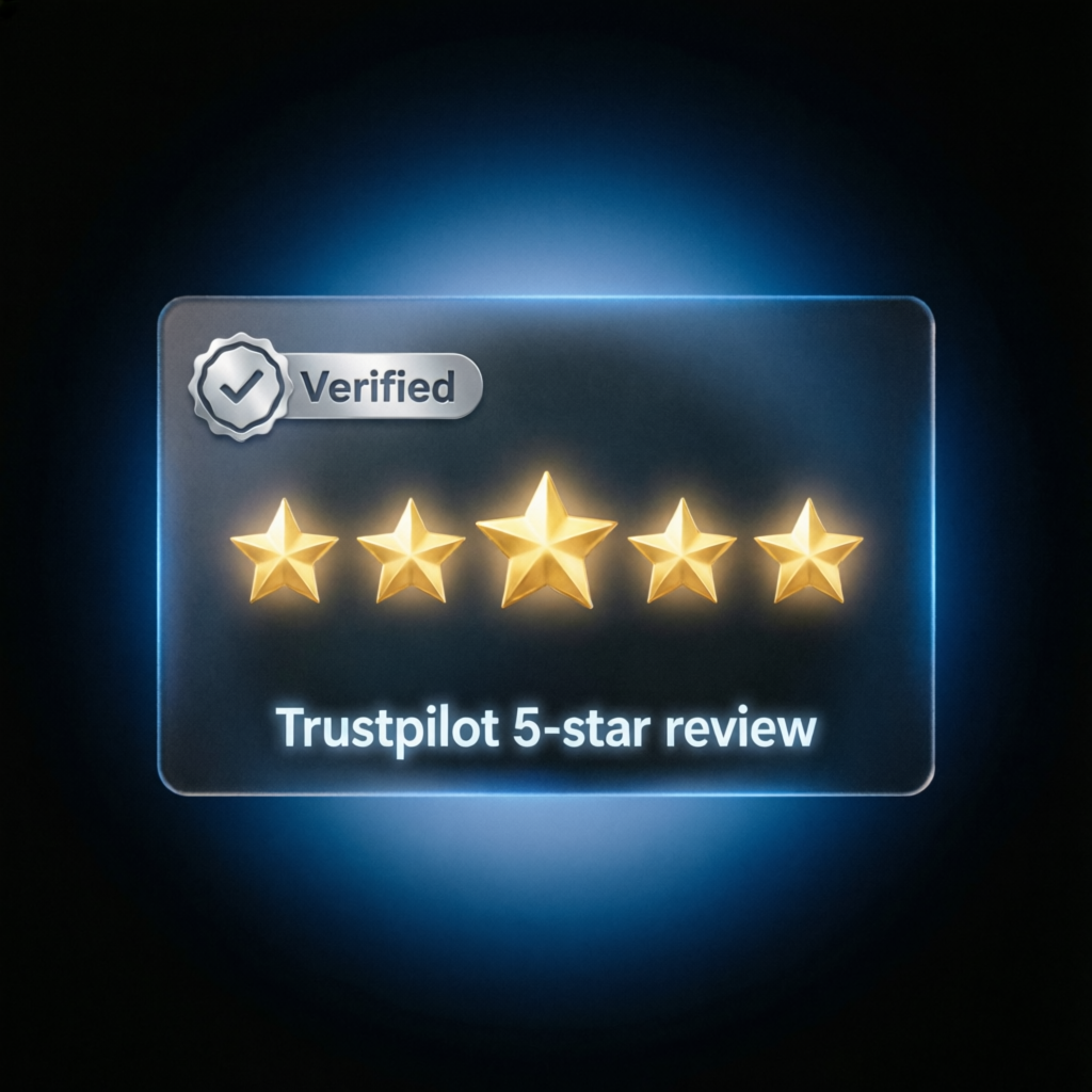 Trustpilot 5-star verified review badge on glassmorphism card