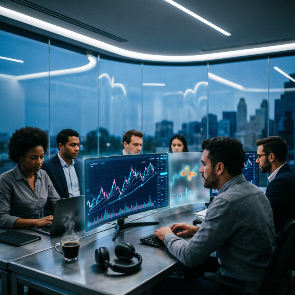 Professional trading team analyzing forex charts in modern office