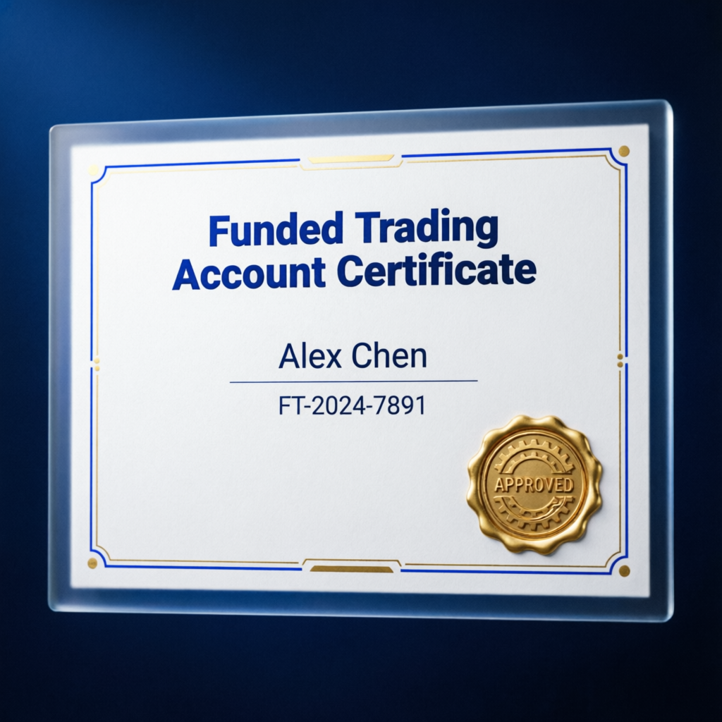 Funded trading account certificate with gold seal and approval stamp