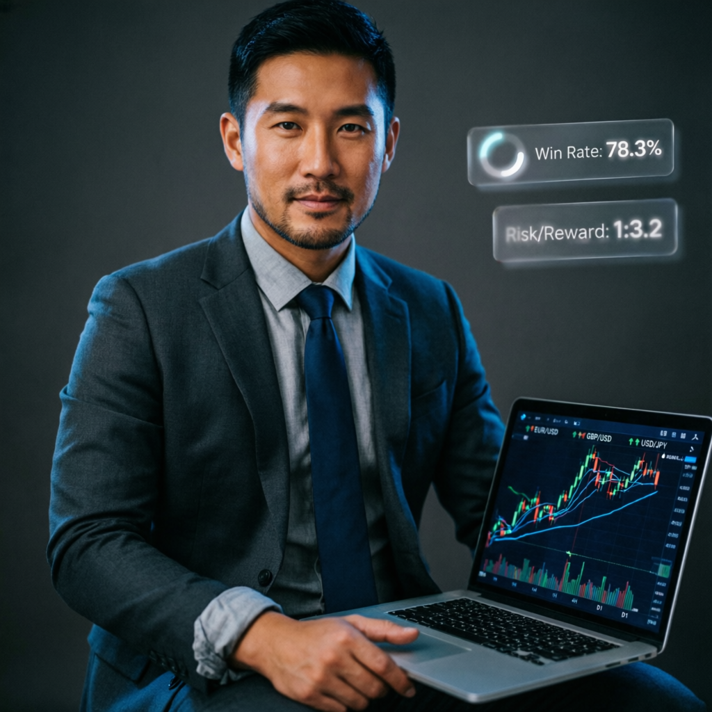 Professional trader with laptop showing forex charts and performance metrics