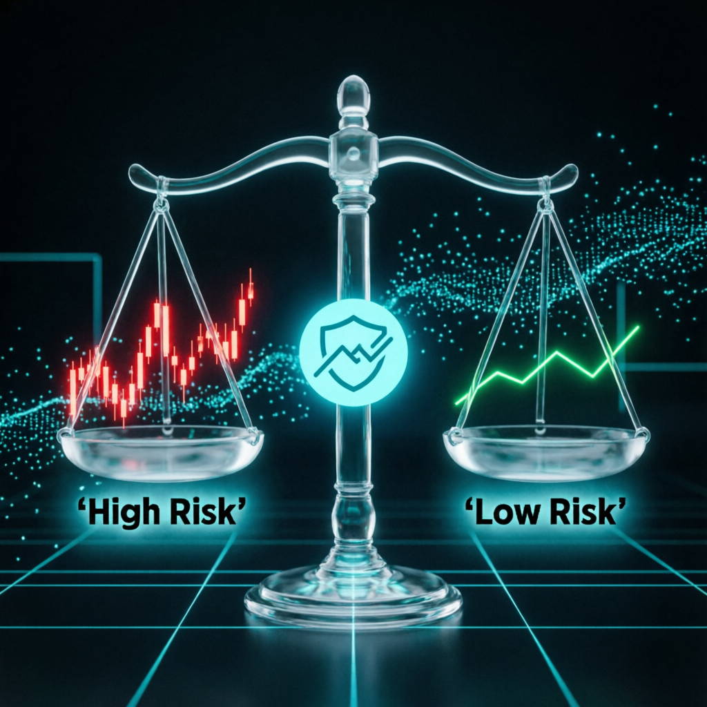 Risk management balance scale showing high risk vs low risk trading