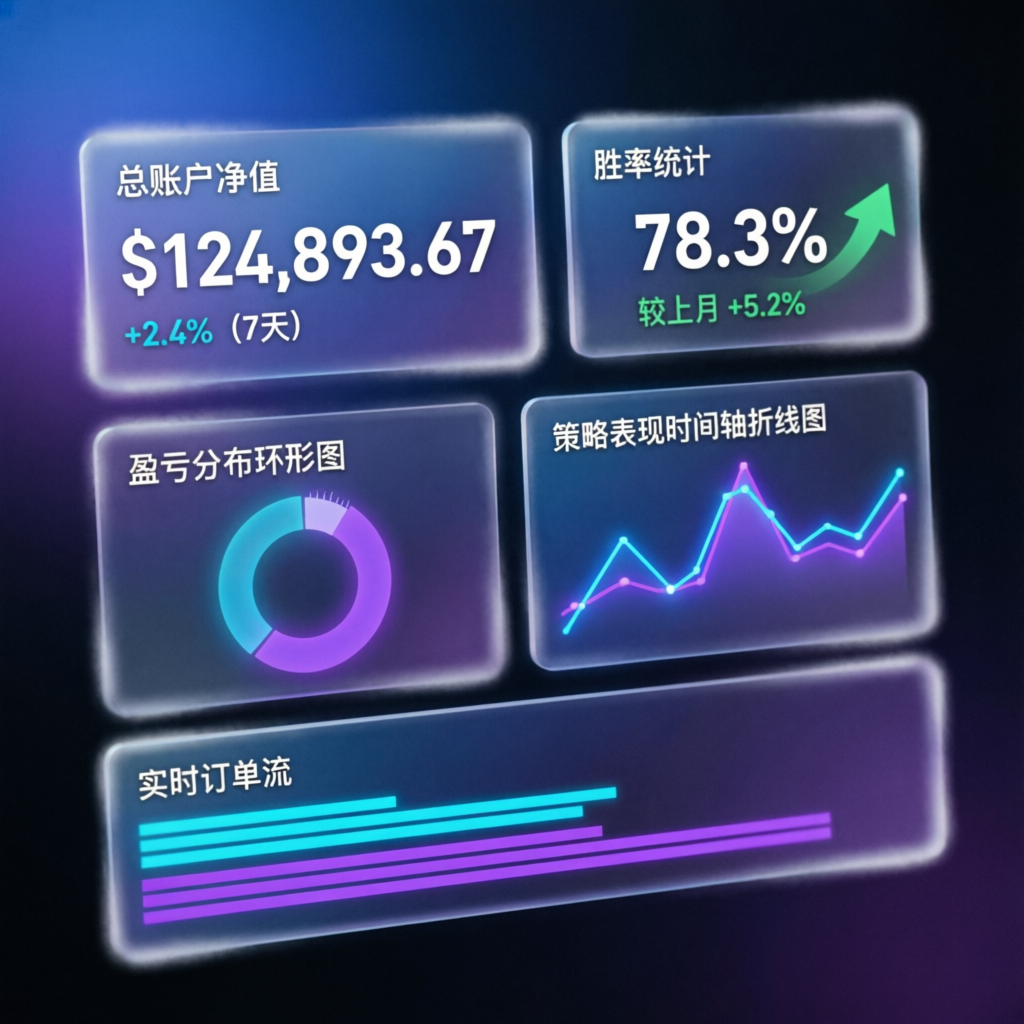 Trading analytics dashboard with performance metrics and win rate statistics