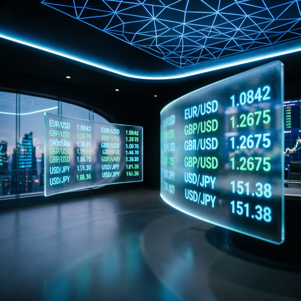 Futuristic prop trading office with multiple screens showing live forex markets