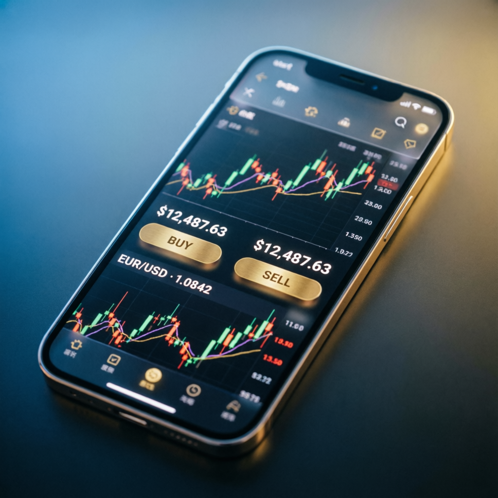 Mobile phone showing forex trading app with live charts and buy sell buttons