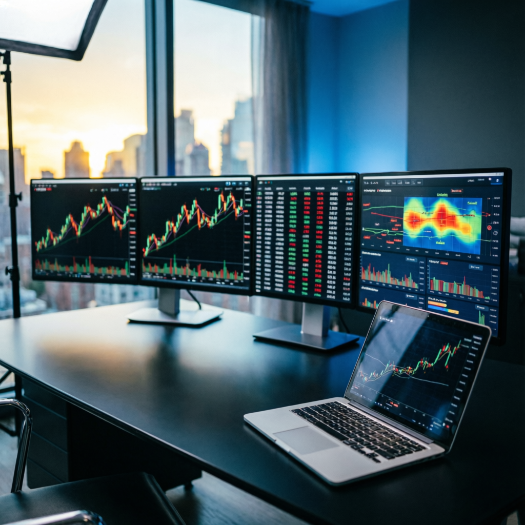 Professional trading desk with multiple monitors showing forex charts and analytics