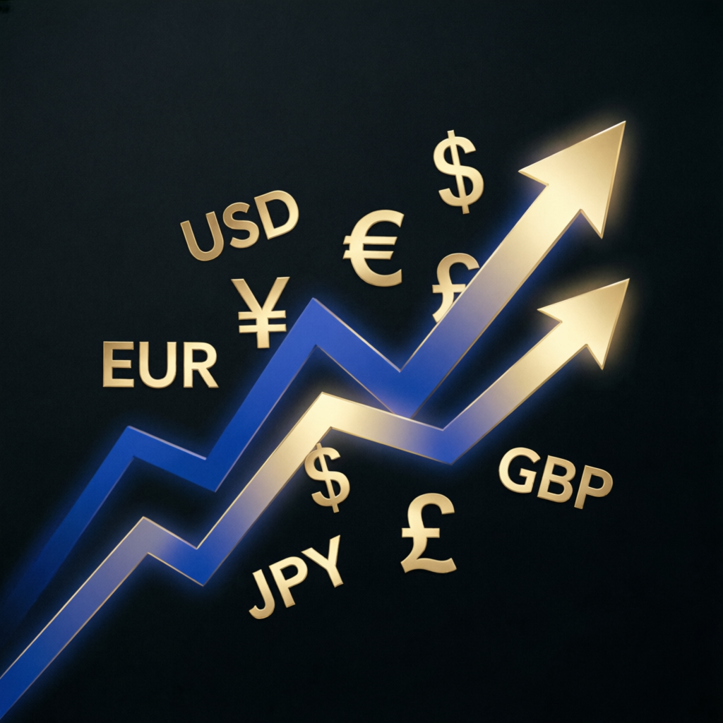 Forex trading growth chart with currency symbols representing profitable prop firm trading