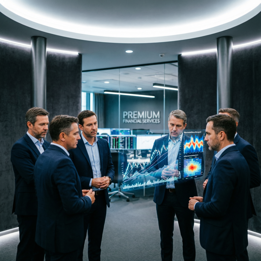 Professional team of fund managers reviewing trading strategies in modern trading firm office