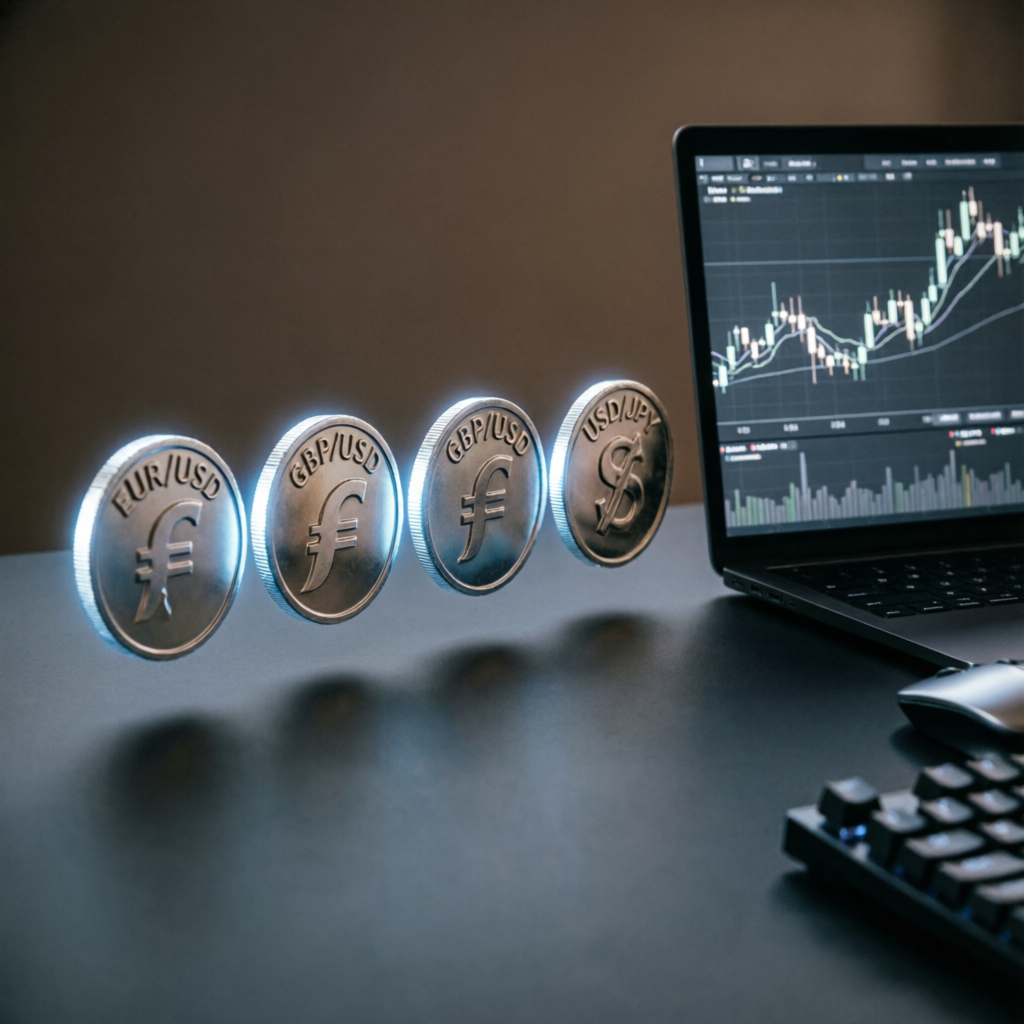 Forex currency pairs displayed as physical coins next to a laptop showing candlestick trading charts