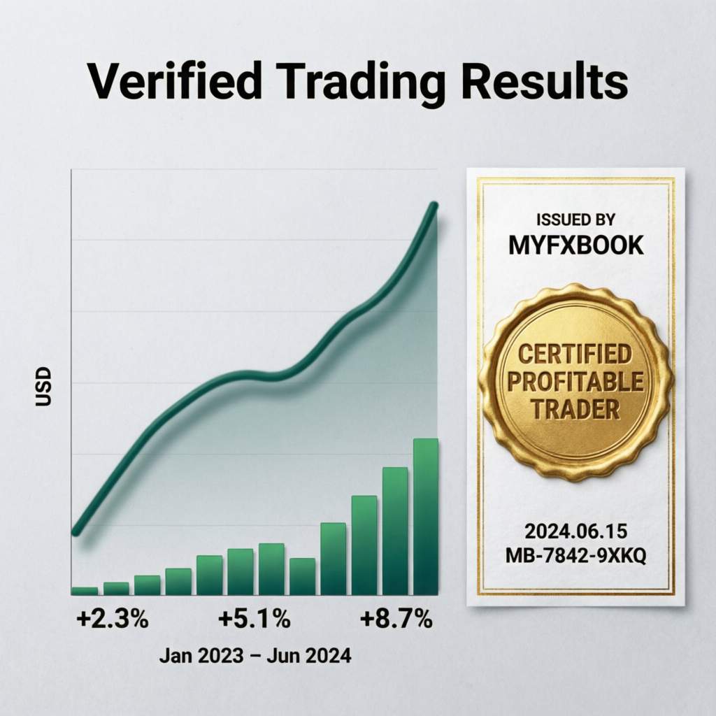 Verified trading results chart showing consistent profitable equity curve with Myfxbook certification seal