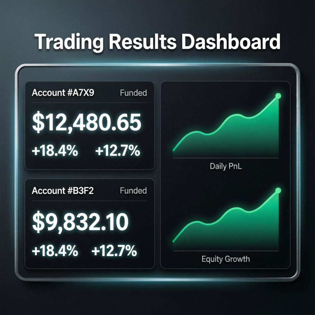 Trading results dashboard showing multiple funded accounts