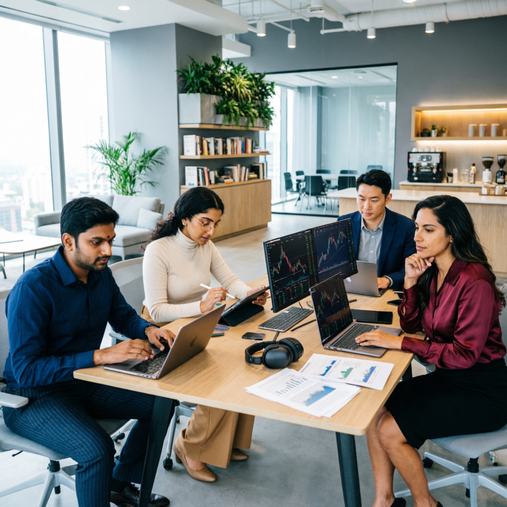 Diverse group of global traders working together