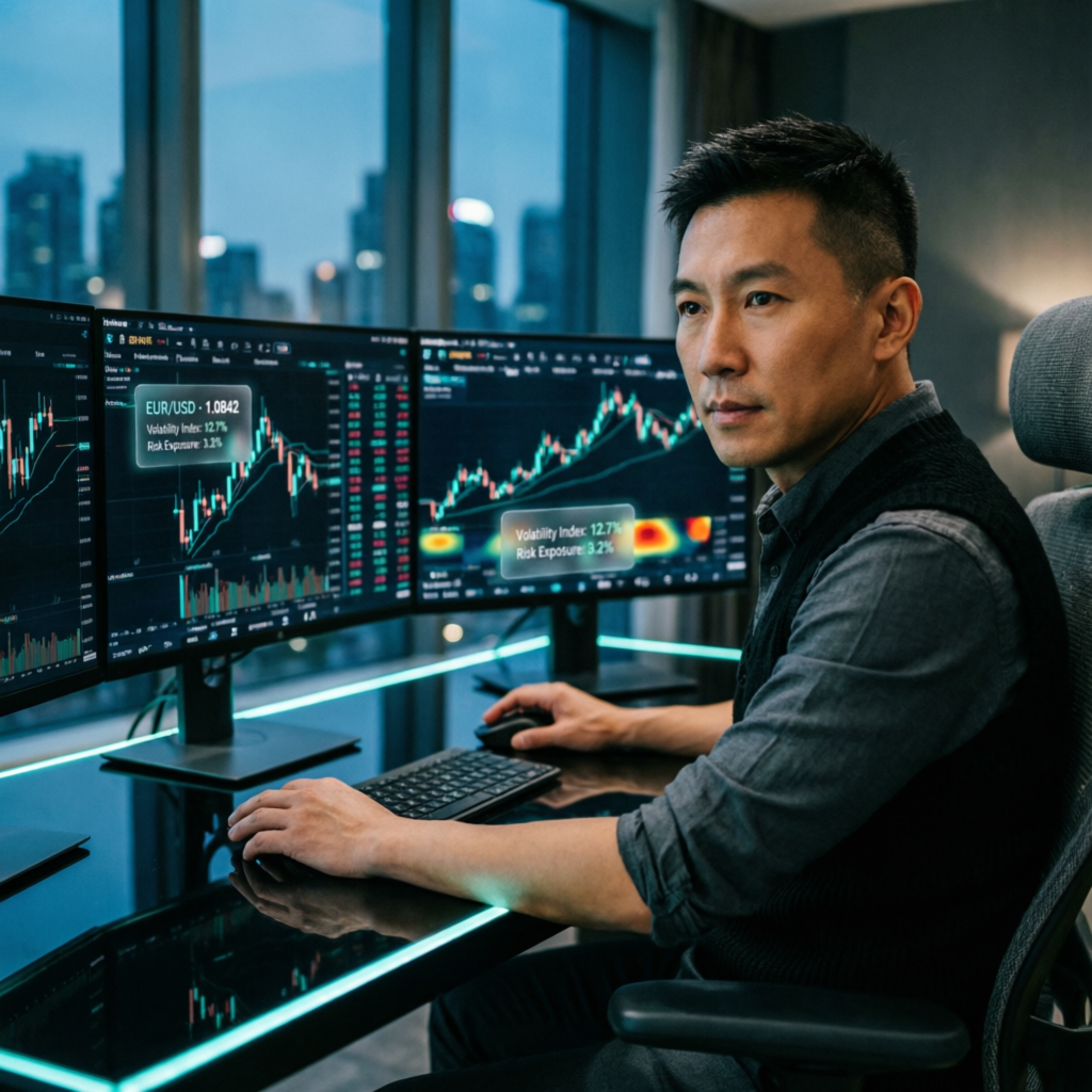 Professional forex trader analyzing charts on multi-monitor setup