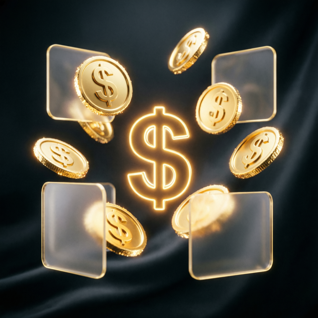 Premium payout success with golden coins and dollar symbols