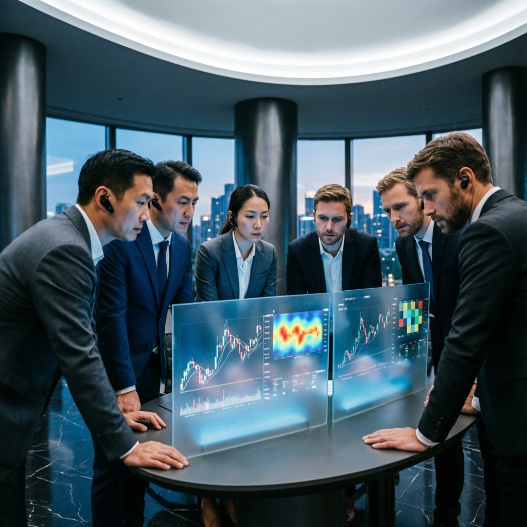 Professional trading team analyzing charts together