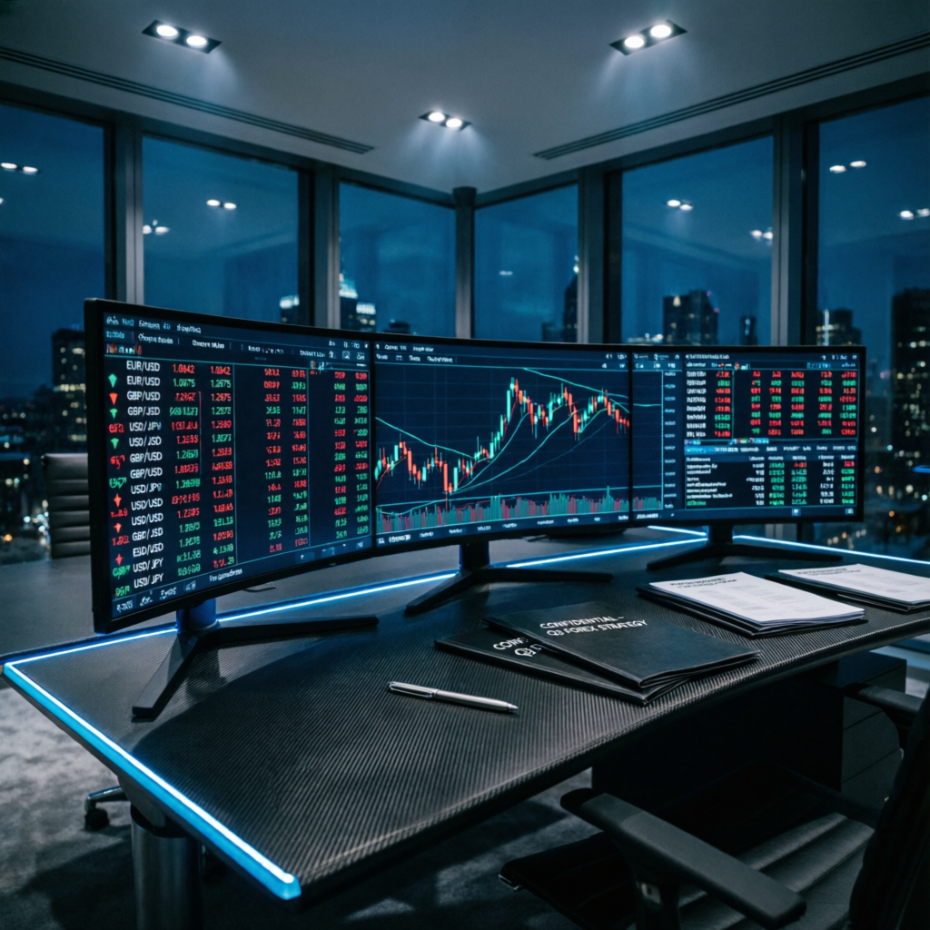 Luxury trading office with multiple monitors showing forex markets