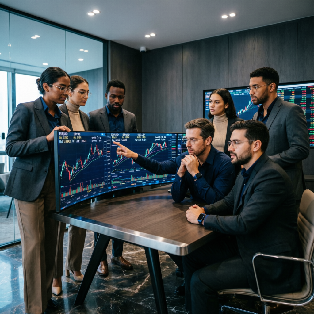 Professional team of forex traders and analysts working together