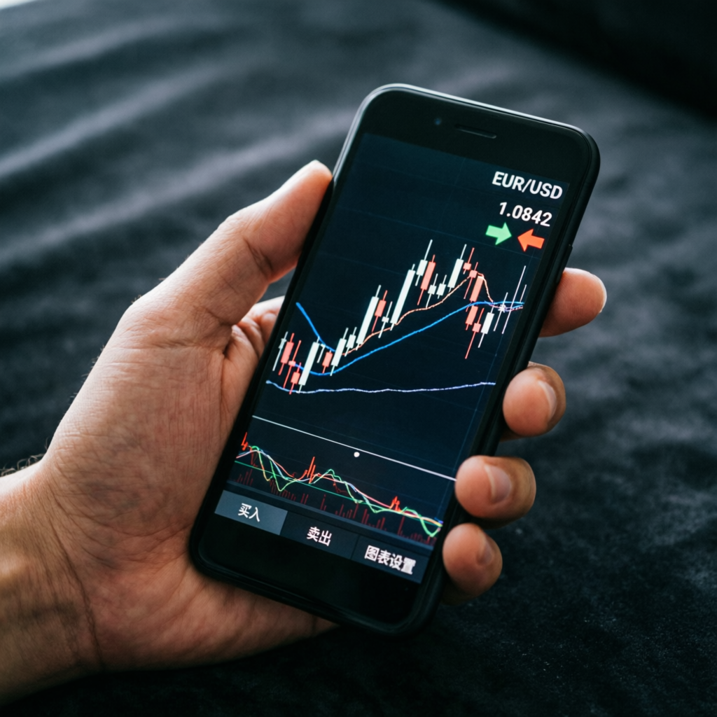 Mobile trading app showing forex charts on smartphone