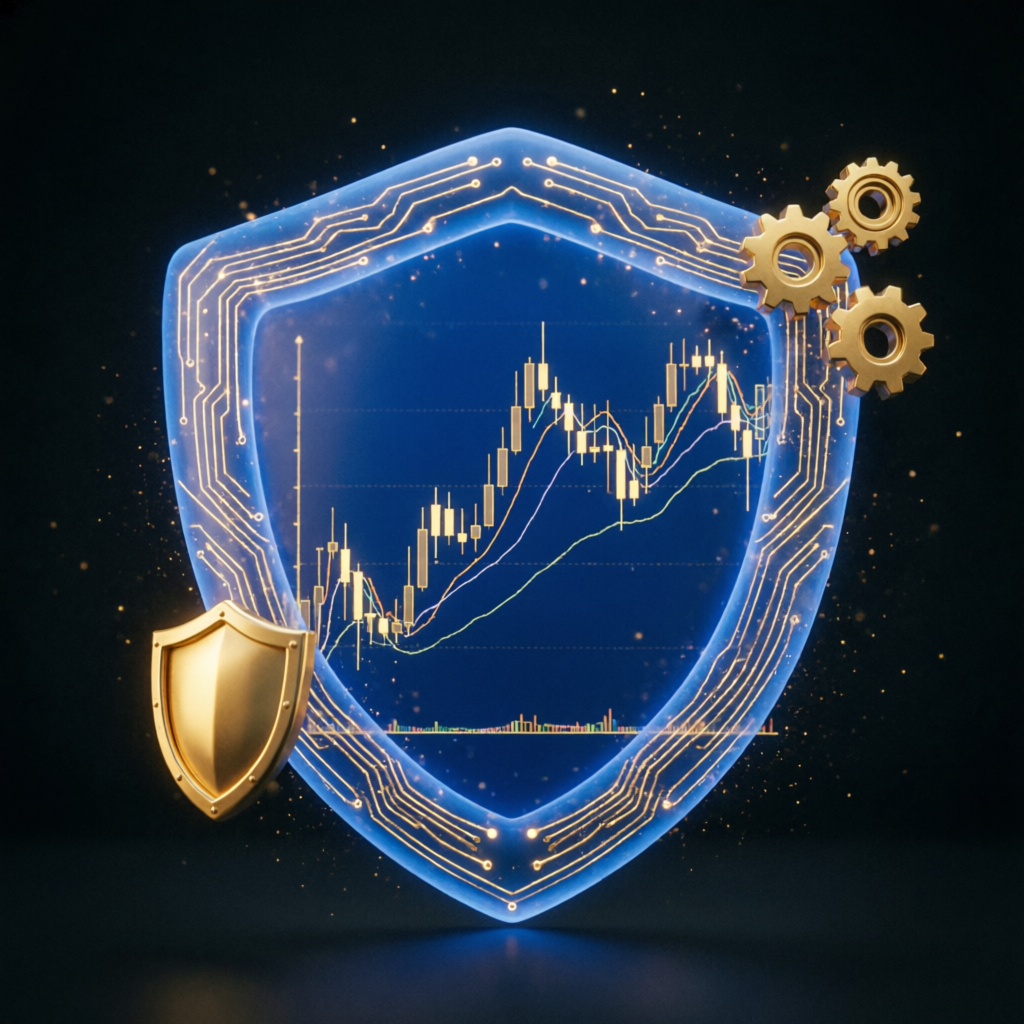 Risk management shield protecting trading charts