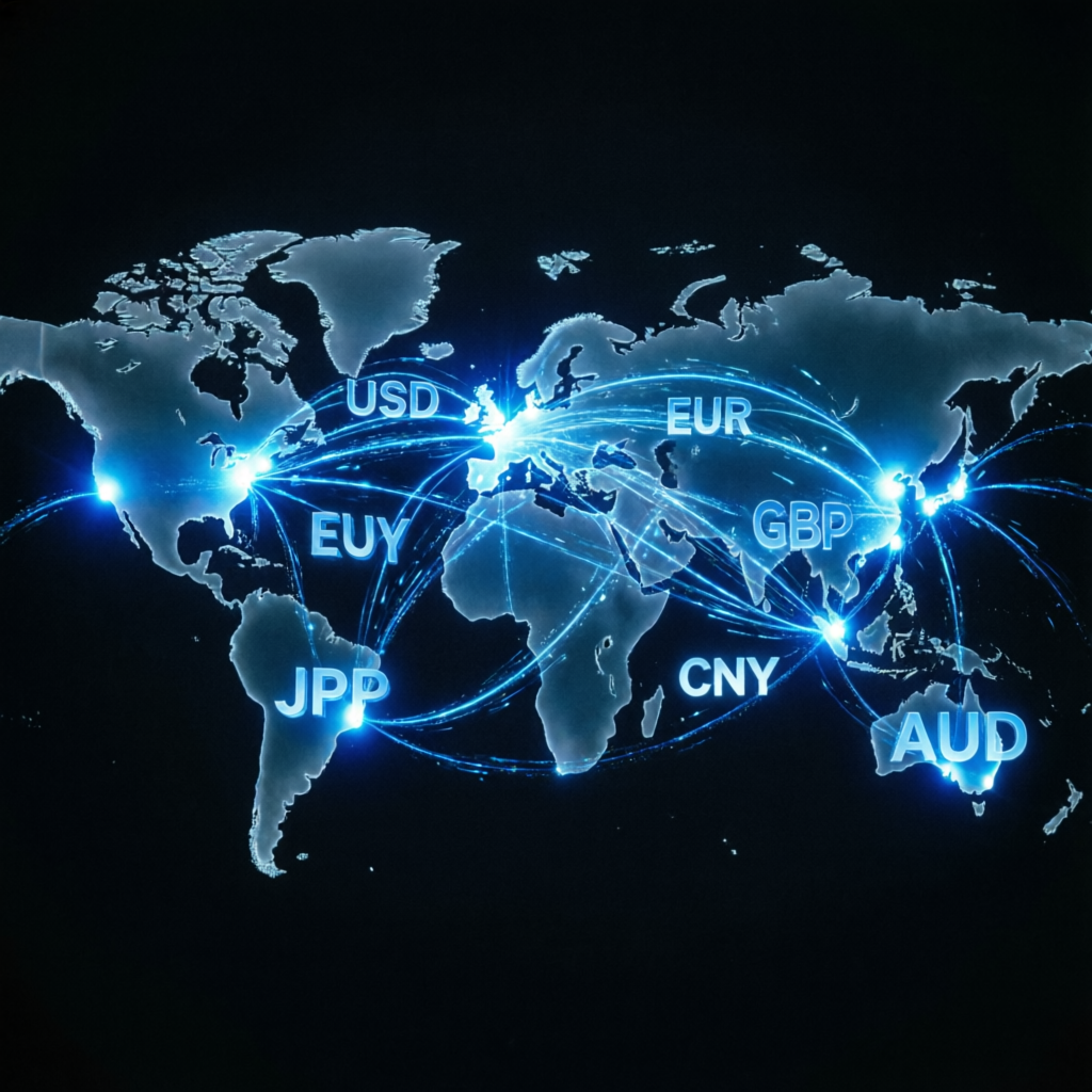 Global forex market with worldwide trading connections