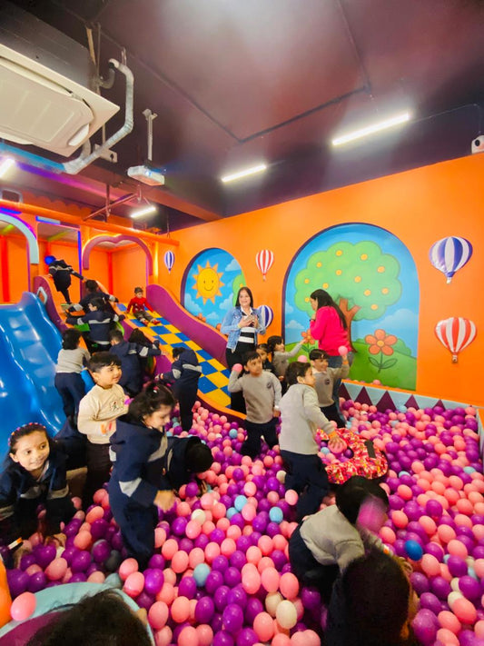 Kids enjoying the ball pool and slide