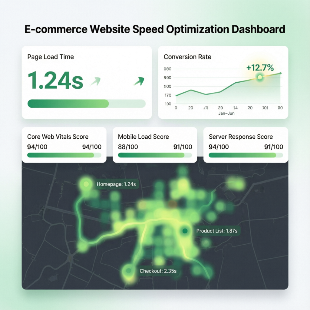 E-commerce speed optimization dashboard showing performance metrics