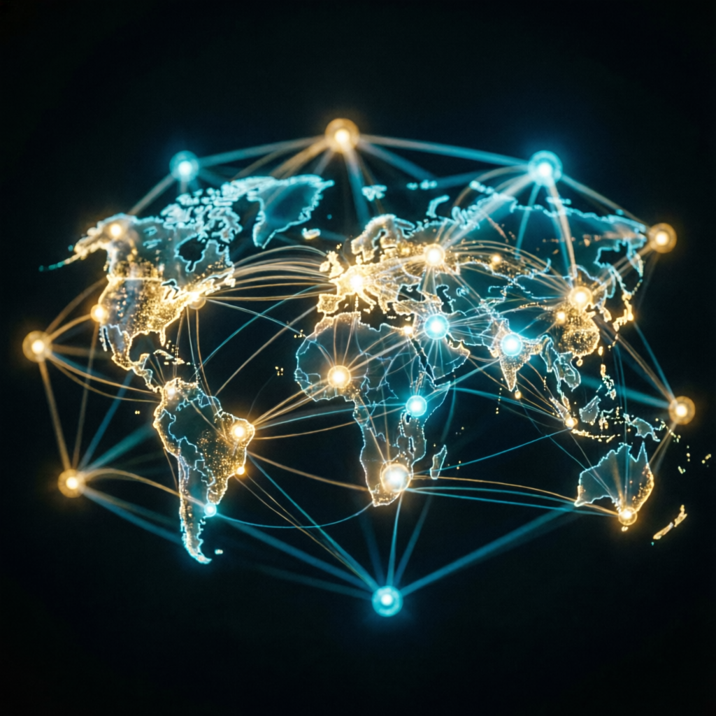 Global trading network connecting traders worldwide with financial data visualization