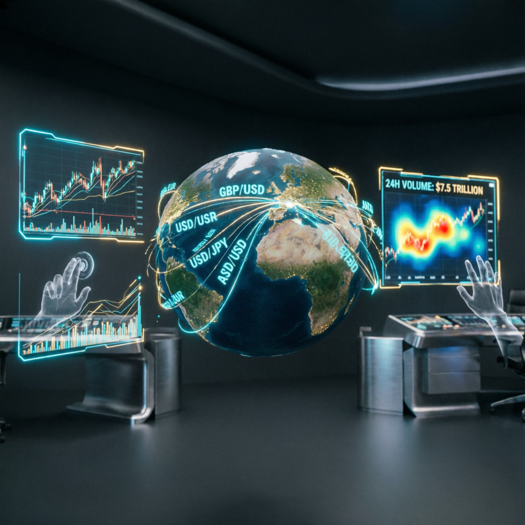 Global forex trading network with currency pairs and financial data visualization