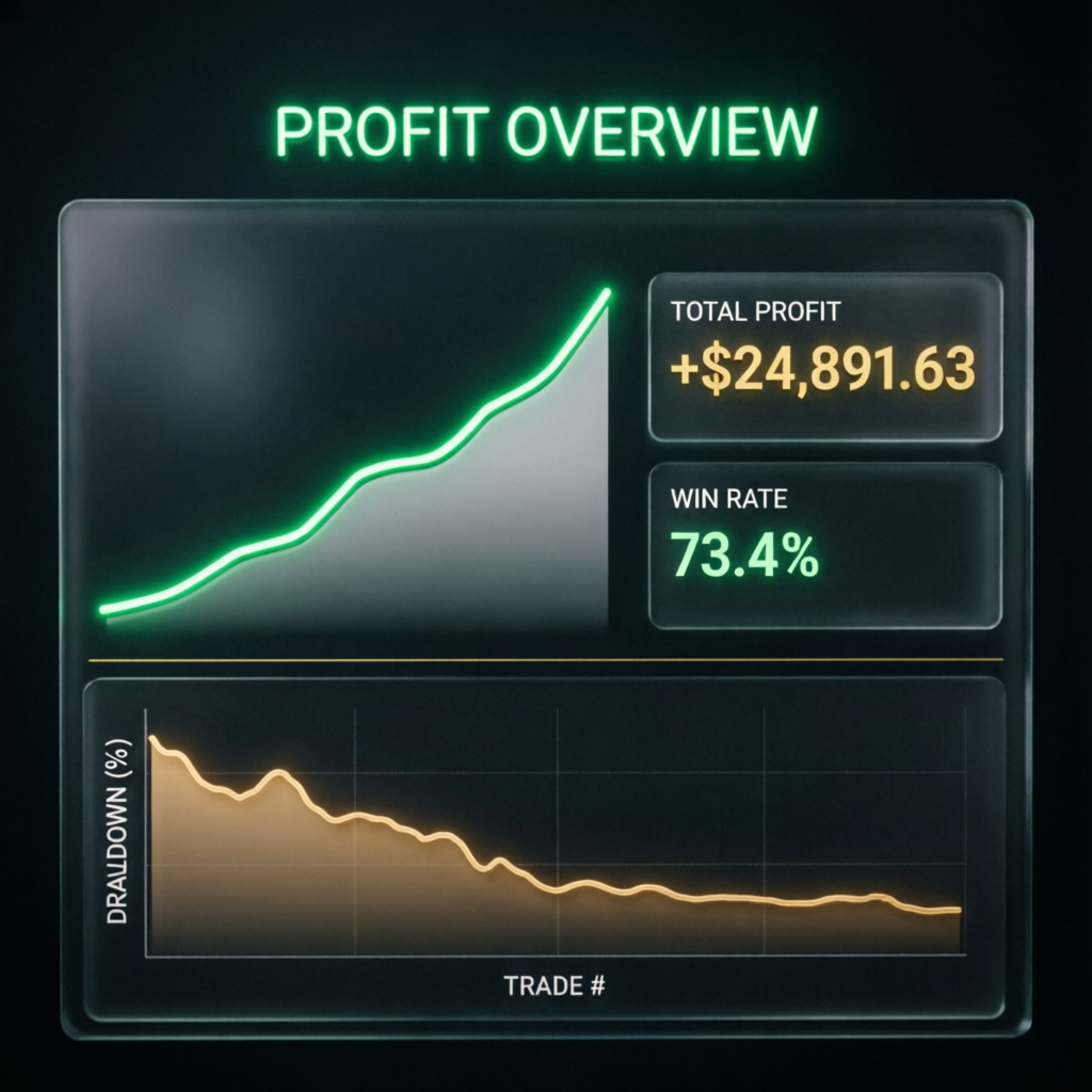 Professional trading profit overview dashboard showing equity curve and win rate statistics