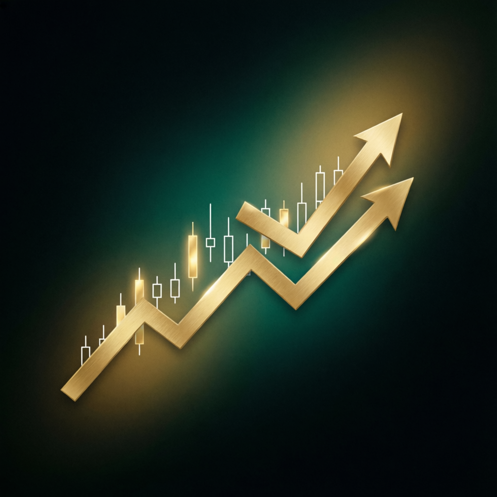 Financial growth chart with golden ascending arrows representing consistent profits