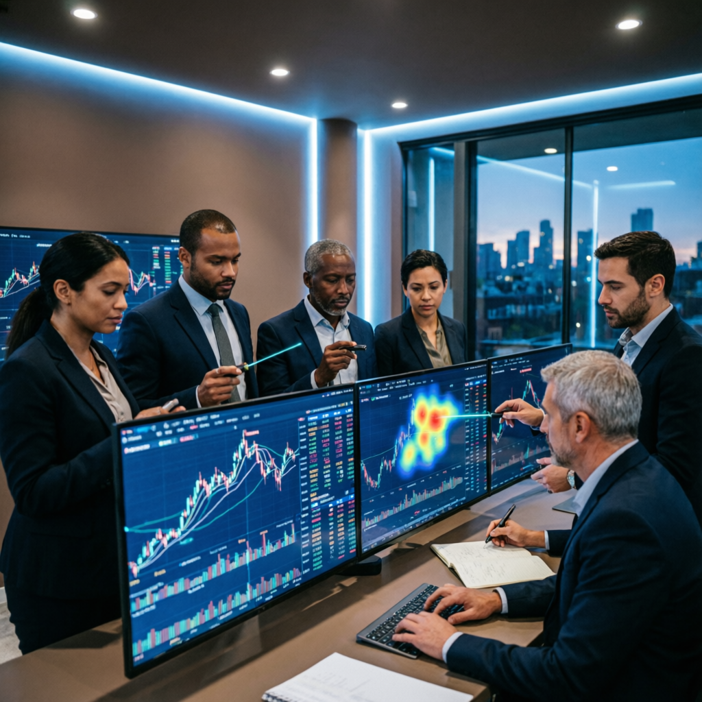 Professional trading team analyzing financial markets and prop firm challenges