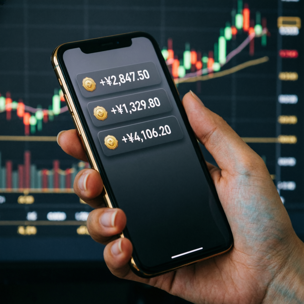 Mobile trading app showing profit notifications from funded account
