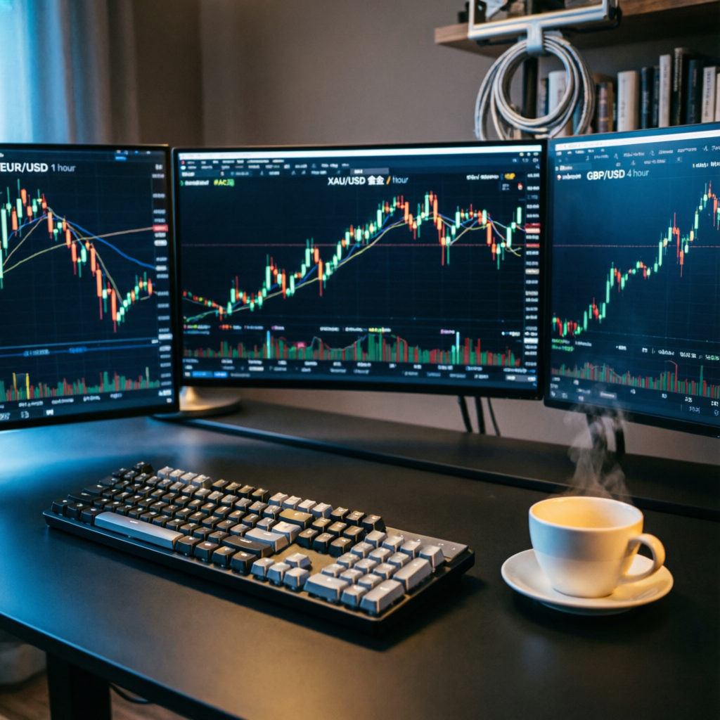 Professional trading desk setup with multiple monitors showing forex charts