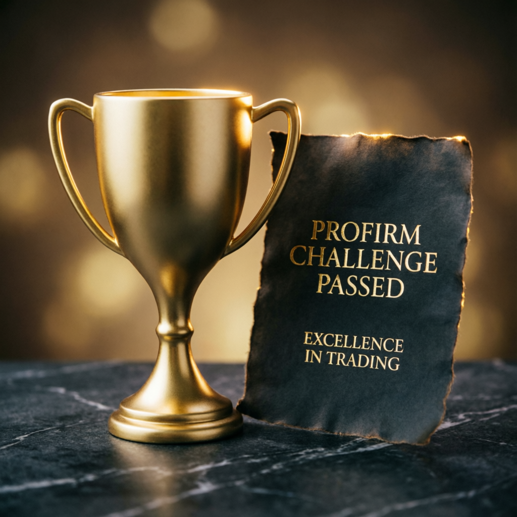 Gold trophy representing prop firm challenge success and funded account achievement