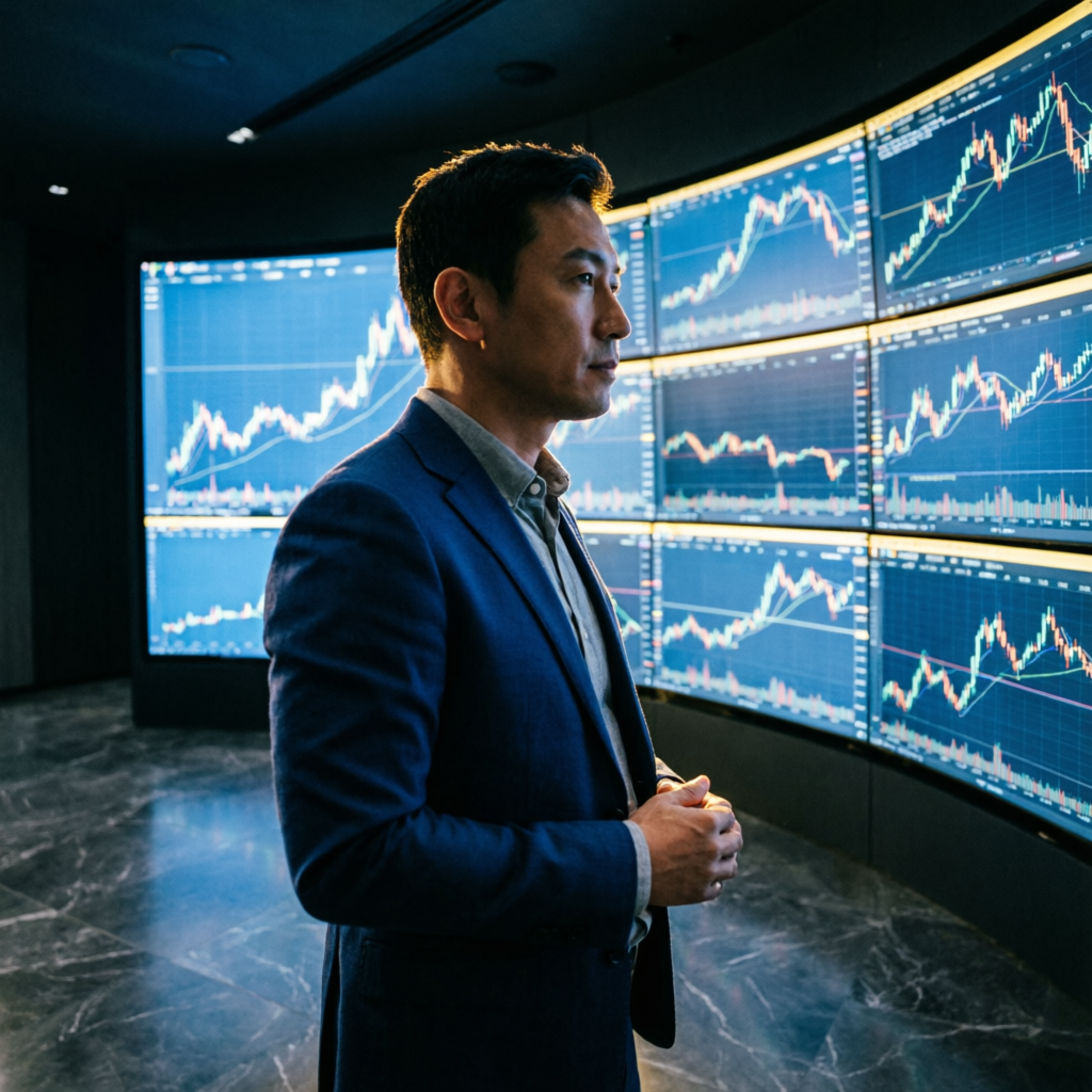 Professional trader analyzing multiple trading screens with financial charts