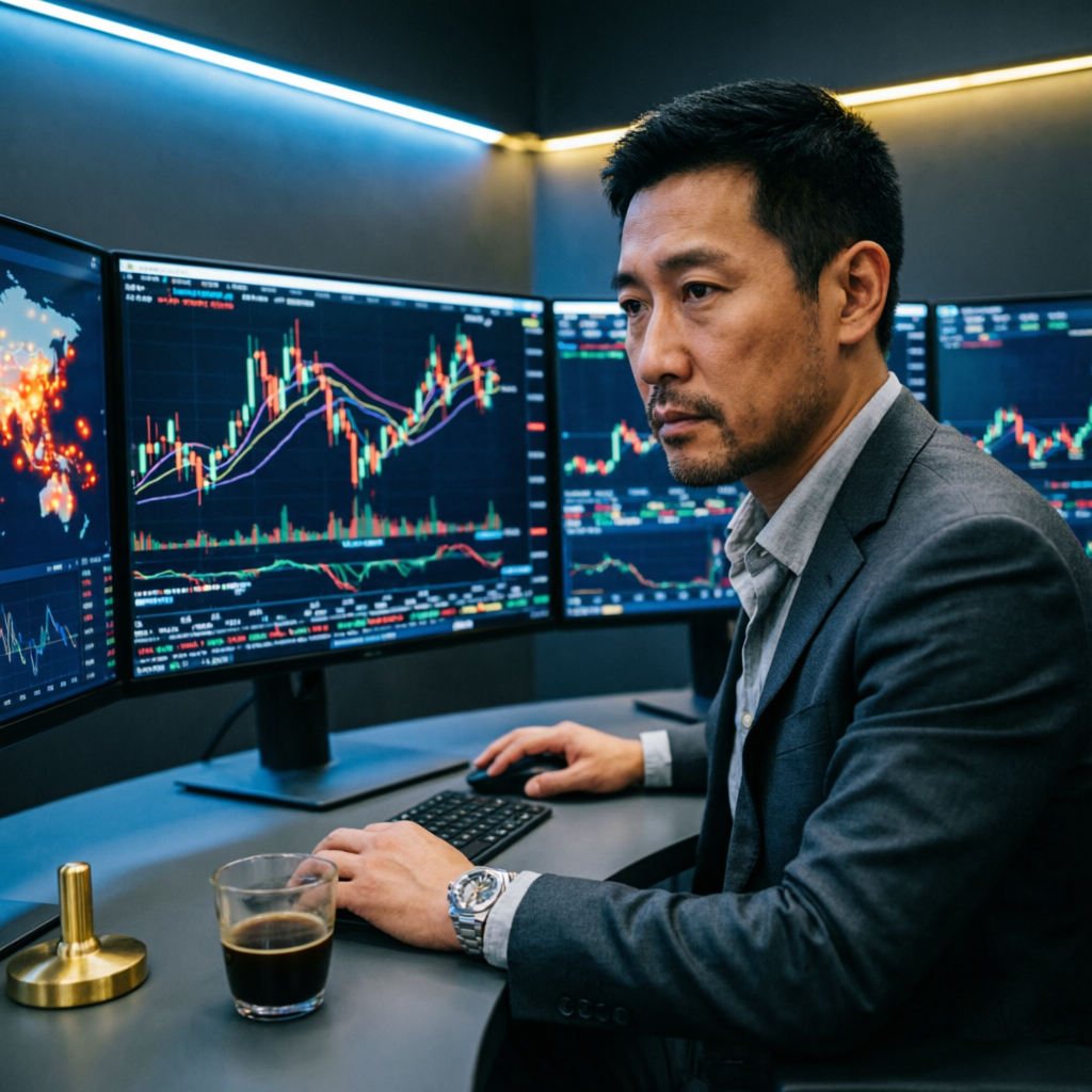 Professional forex trader analyzing financial charts at multi-monitor trading desk