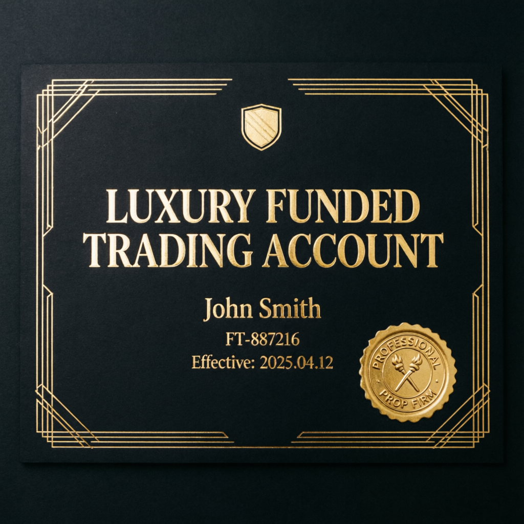 Luxury funded trading account certificate with gold details representing successful prop firm achievement