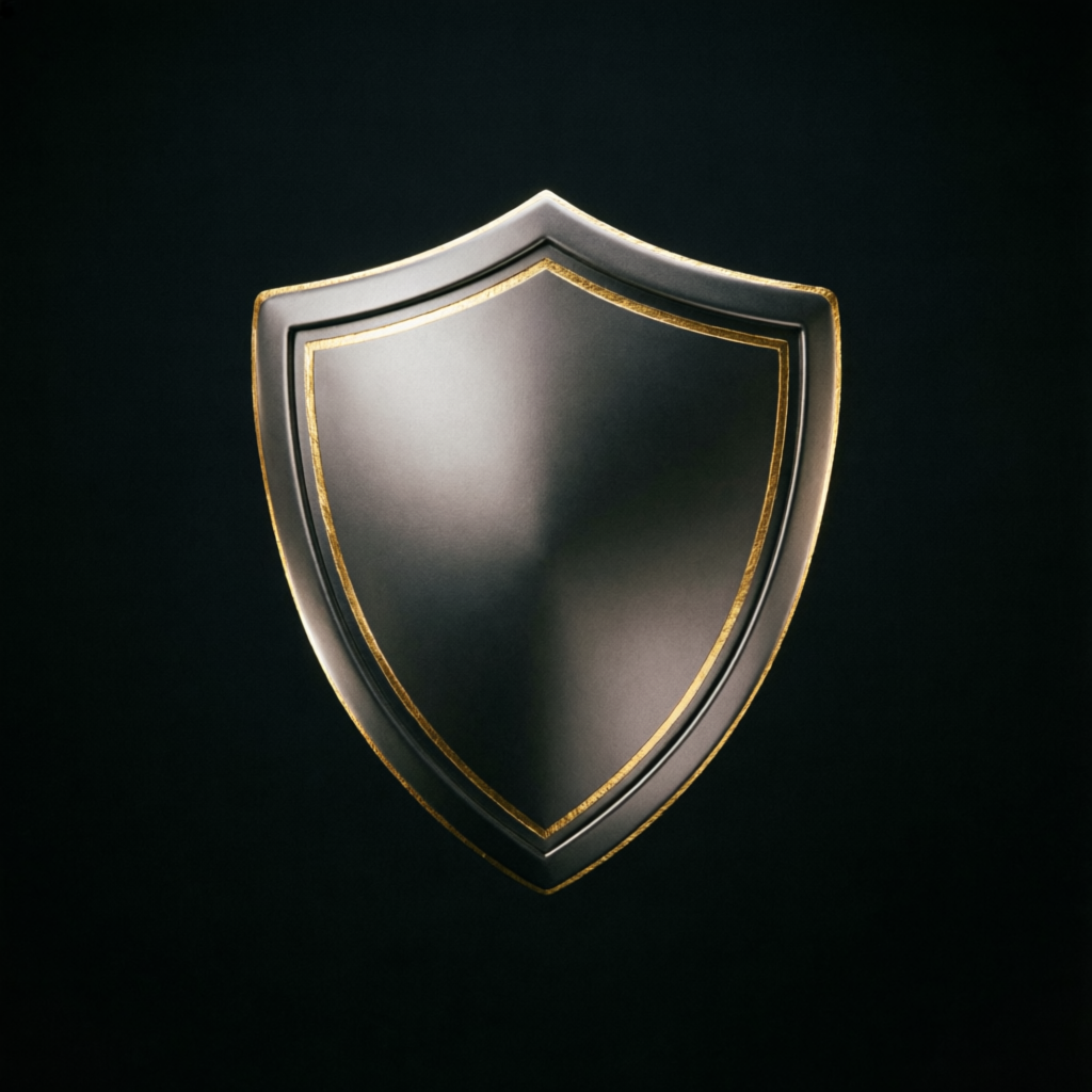 Luxury black and gold shield representing security and protection in funded trading
