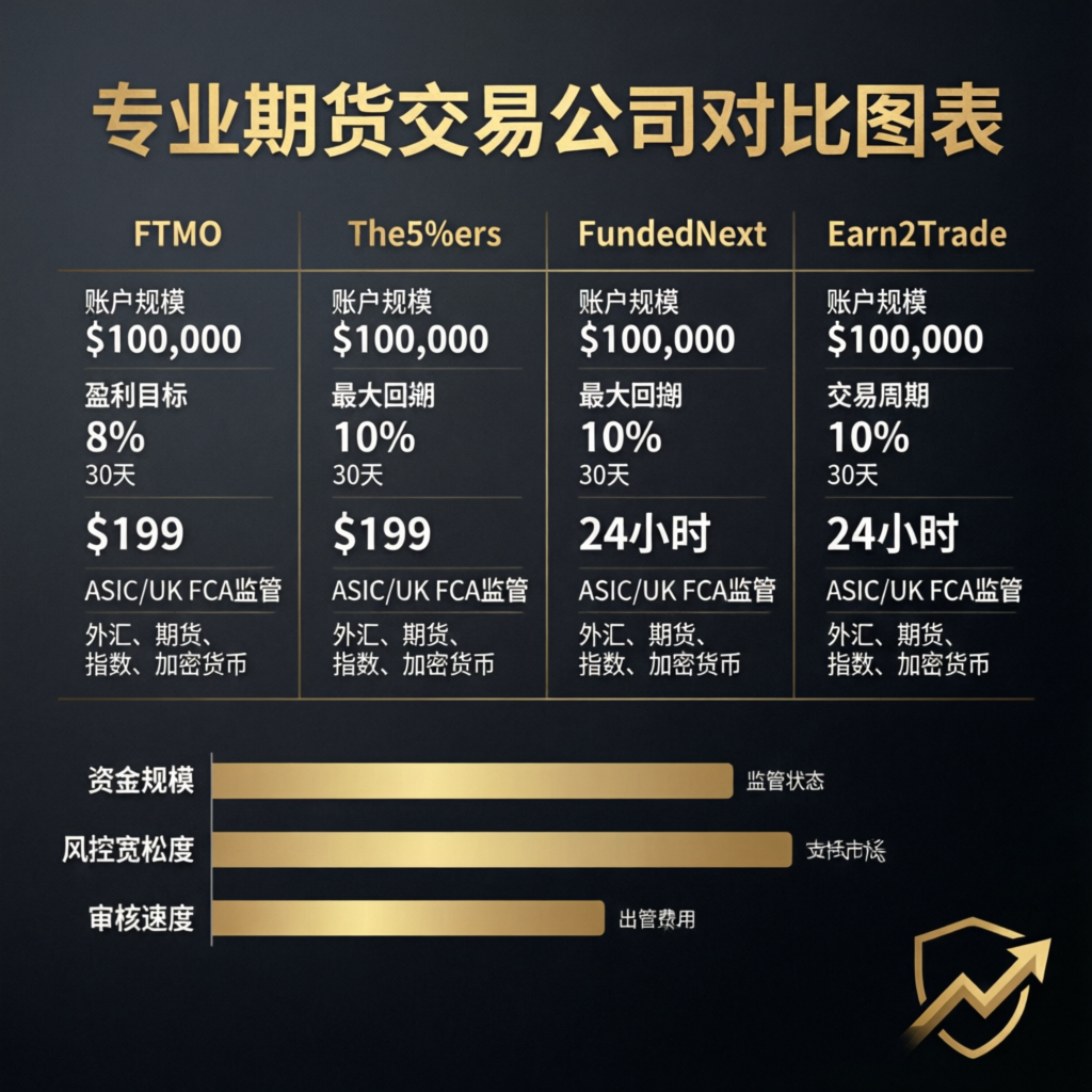 Professional comparison chart showing prop firm features and pricing in dark luxury theme