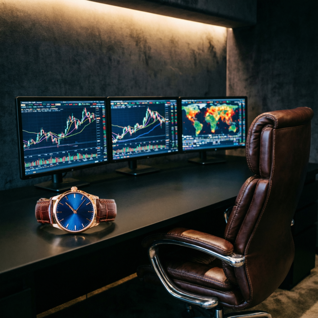 Luxury trading desk setup with multiple monitors showing professional futures trading environment