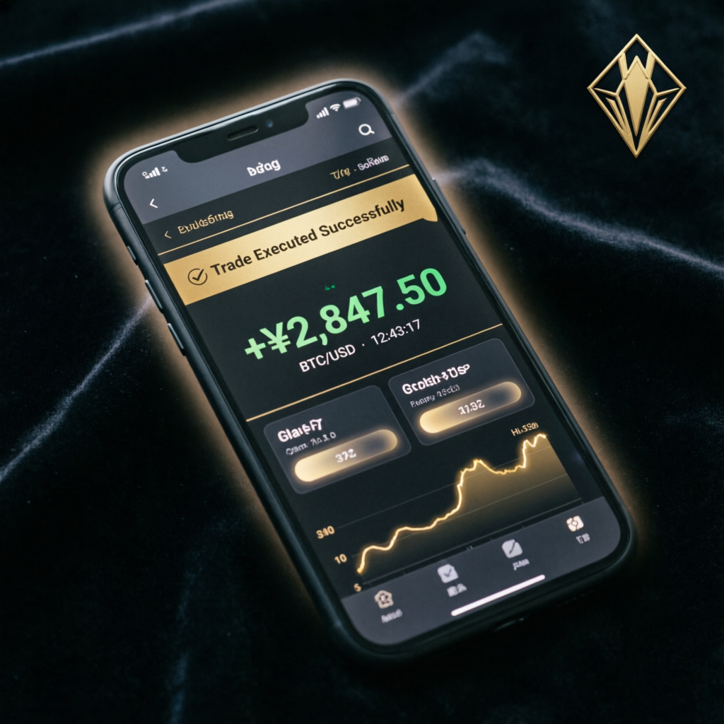 Mobile trading app showing successful trade execution with profit notification
