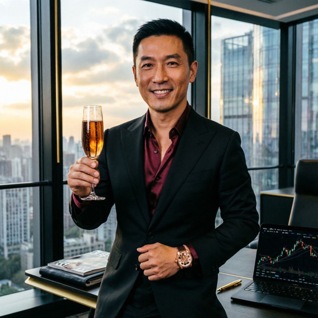 Successful trader celebrating profits in luxury office with city skyline view
