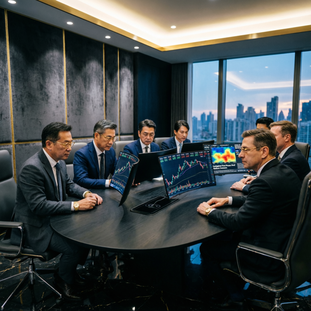 Professional trading team analyzing futures markets in luxury dark office with multiple monitors