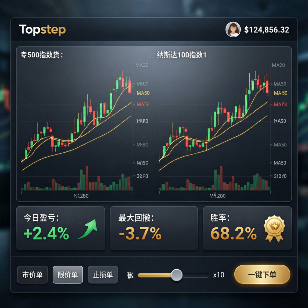 Topstep Trading Dashboard showing professional futures trading interface with charts and account metrics